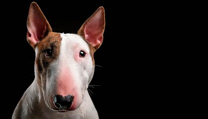 Bull Terrier with distinctive markings poses against a black background