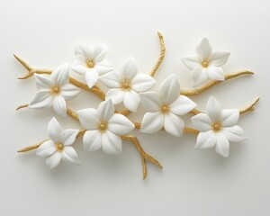 Fototapeta premium White Delicate Floral Arrangement on Golden Branches, Bright Natural Light, Isolated Background