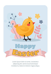 Happy Easter card with chick and flowers. Celebration, congratulations, invitation concept.