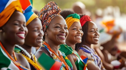 Smiling African women in vibrant head wraps and traditional attire.