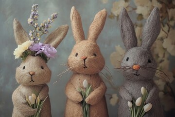 Three adorable stuffed rabbits stand side by side, each holding a flower in their mouth, showcasing a charming and whimsical scene.