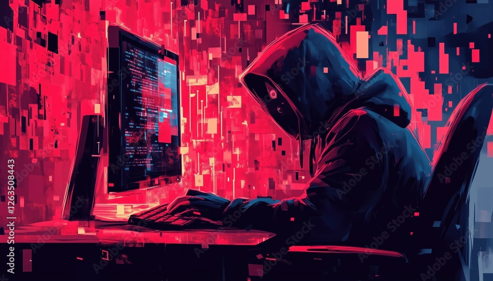 Poster hooded hacker engaged in computer activity during infodemic with digital disinformation: fake news, 