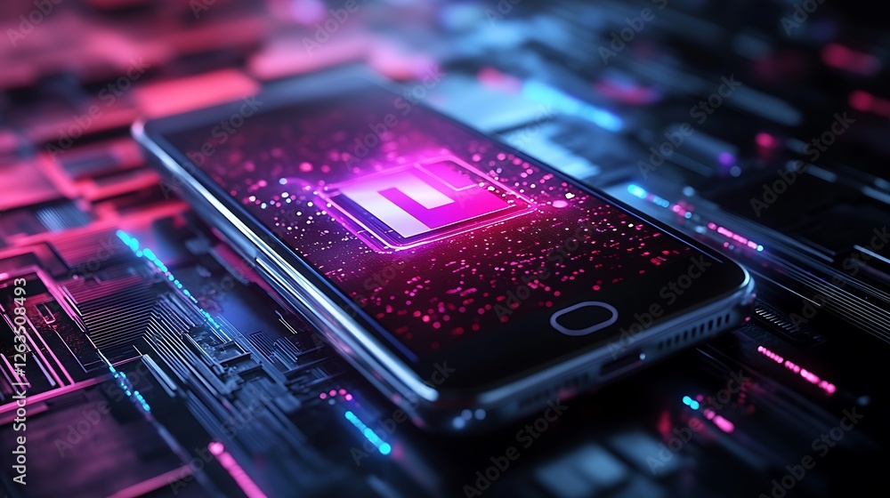 Poster smartphone displaying a glowing circuit board graphic on a neon-lit tech background.