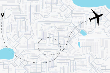 Airplane line path vector illustration showing a flight route with start point and dashed line trace over a city map. Flat vector travel concept for aviation, tourism, or transportation projects.