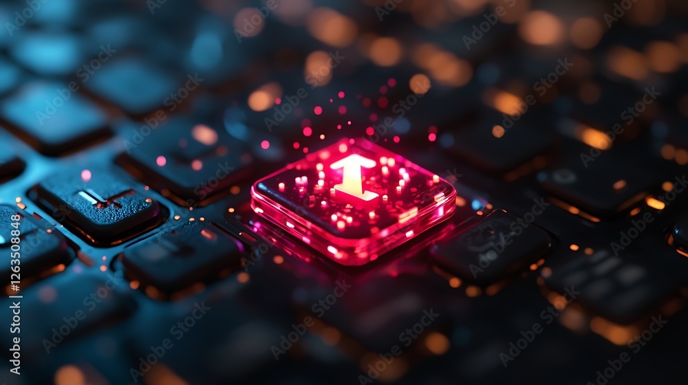 Poster glowing upload arrow on a futuristic keyboard.