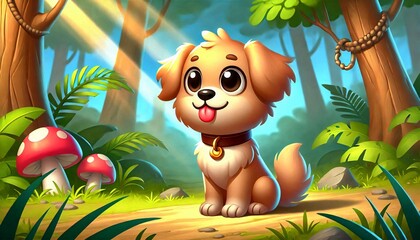 Cute animated puppy sitting in a vibrant forest, surrounded by colorful mushrooms and lush greenery.