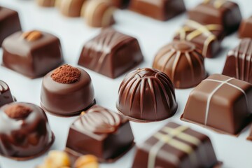 Collection of chocolate candies with decorative toppings on a white background, with full depth of field, focusing on the intricate details