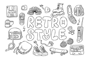 Retro style set of 90s and 2000s items in black and white coloring, including cassettes, pager, skateboard, roller skates, floppy disk, disc player, mobile phones, and sunglasses. Vector doodle set