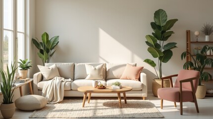 Beautifully arranged living room with soft furnishings