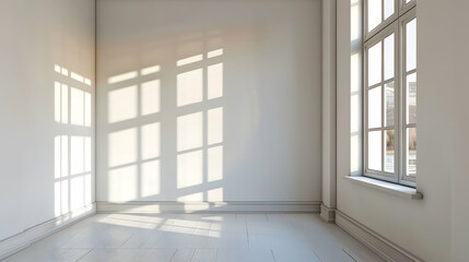 Bright, empty room with large windows casting shadows on the white walls, perfect for interior design