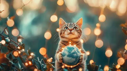 Earth Day. Adorable tabby kitten holds a small globe, surrounded by warm string lights. A magical scene!