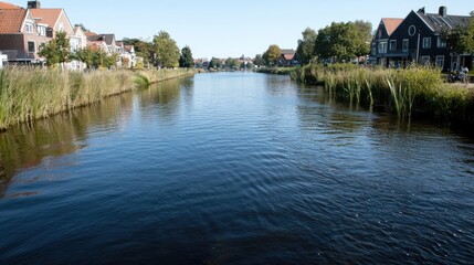 Obraz premium Calm canal, Dutch village, sunny day, houses, travel