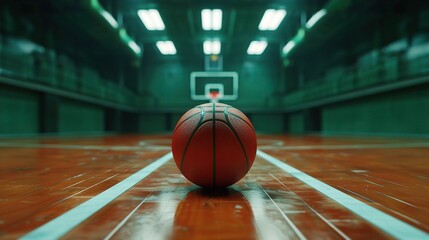 A close-up of a basketball on a polished court, showcasing vibrant colors and bright lighting in an indoor sports arena. Relevance Defined, Minimalist Stillness