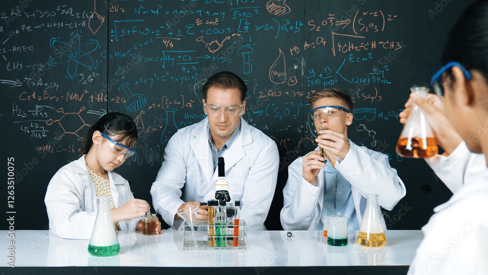 Poster smart teacher explain about chemical theory while student mixing colored solution or doing experimen