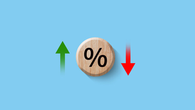 Financial, stocks, interest rate and GDP percent change, wooden block with percentage sign and arrow up sign and down for interest rate, ranking