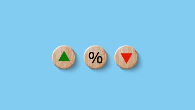 Financial, stocks, interest rate and GDP percent change, wooden block with percentage sign and arrow up sign and down for interest rate, ranking
