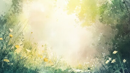 Serene Watercolor Meadow with Sunlight Streaming Through the Trees