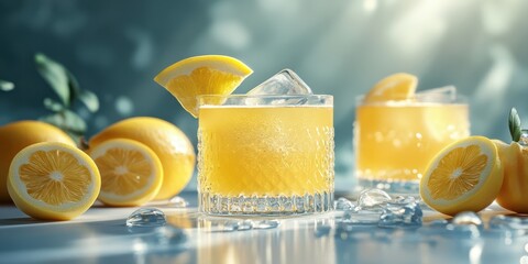 Refreshing citrus drink served in a crystal glass with ice and lemon garnishment on a bright background