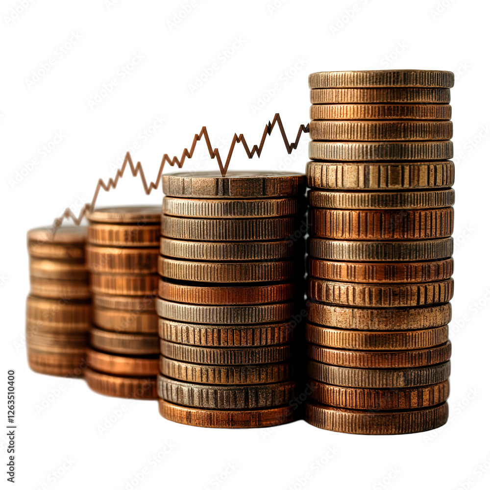 Poster stack of coins with graph chart isolated on transparent background