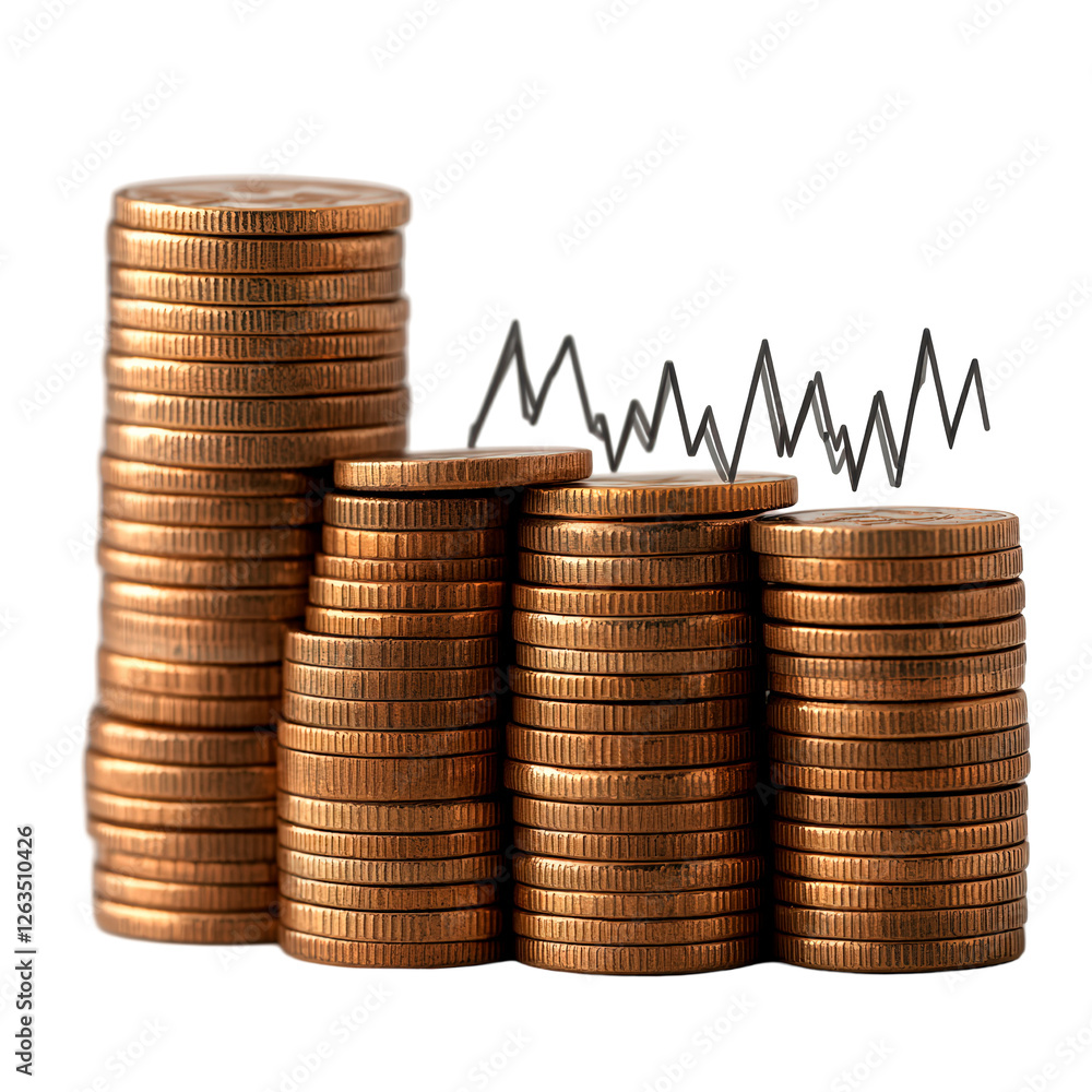 Poster stack of coins with graph chart isolated on transparent background