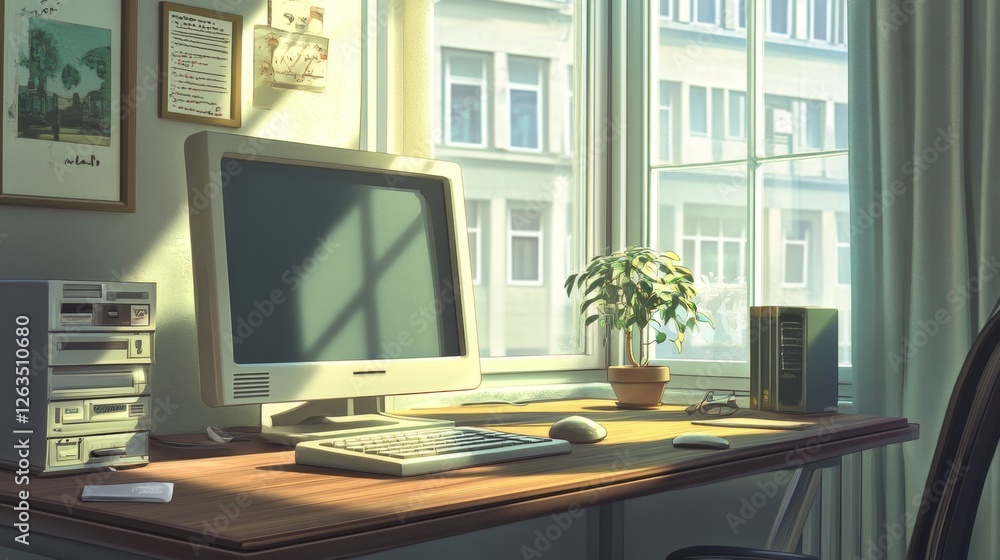 Aufkleber blank screen computer on a wooden office desk in a room with panoramic windows. side view. 3d render