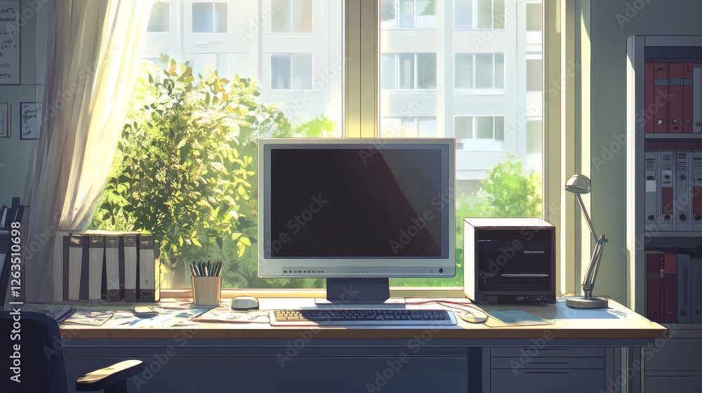 Aufkleber blank screen computer on a wooden office desk in a room with panoramic windows. side view. 3d render