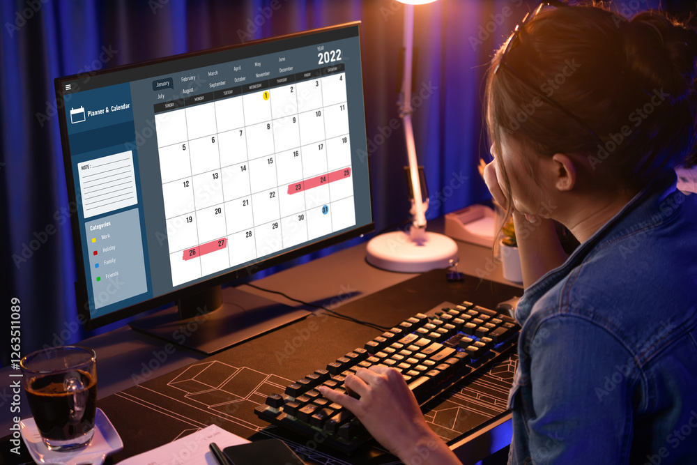 Aufkleber calendar on computer software application for brisk schedule planning for personal organizer and onl