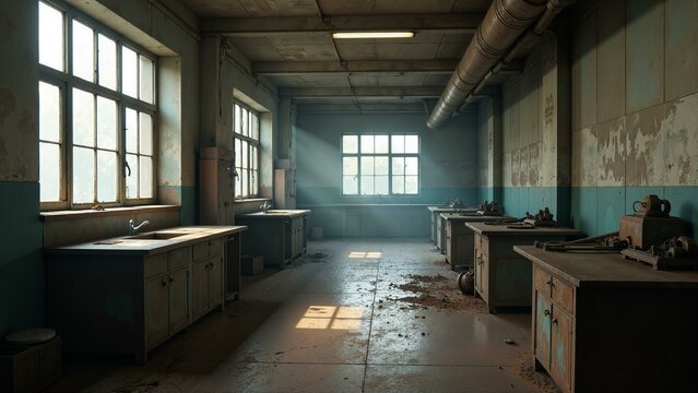 A laboratory is being dismantled with rusty iron pipes and corroded machinery scattered around.