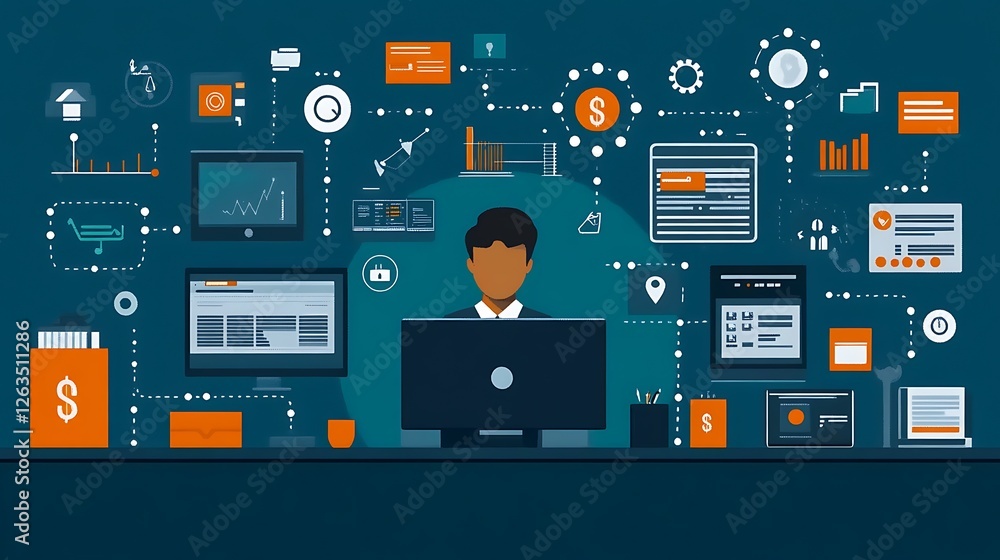 Poster person working at computer, surrounded by various interconnected business data icons.