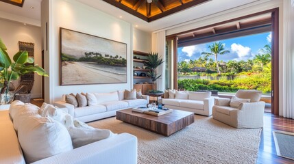 Obraz premium White living room interior with sofa and armchair, shelf with art decoration, carpet on hardwood floor. Panoramic window on tropics. Mockup copy space wall. 3D rendering