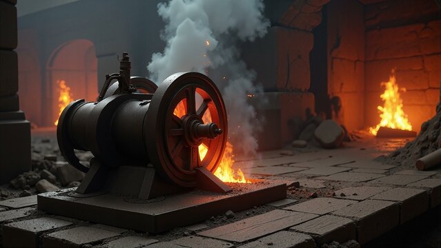 A historical image showing the Newcomen steam engine in operation, with iron ore smelting furnaces and charcoal particles visible.