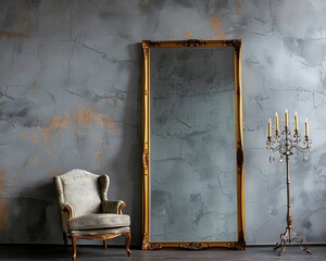 Vintage armchair and candelabra beside an old grey wall with a large golden framed mirror, creating a dark, atmospheric setting.