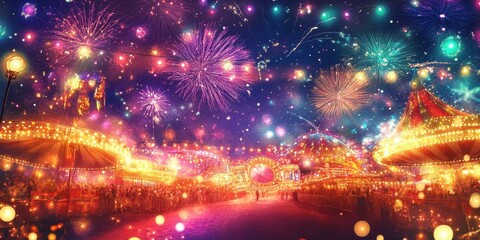 Fototapeta premium Festive fairground illuminated with fireworks and carnival atmosphere