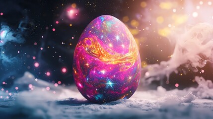 Easter egg made of swirling galaxy patterns, cosmic dust, floating constellations, nebula background