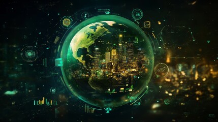 Obraz premium Earth sphere hologram and glowing eco hud with diverse icons and lines, blurred green city on background. Ecosystem and futuristic technology. Concept of green energy and renewable sources