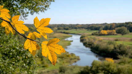 Obraz premium Autumn leaves frame river valley landscape, idyllic nature scene