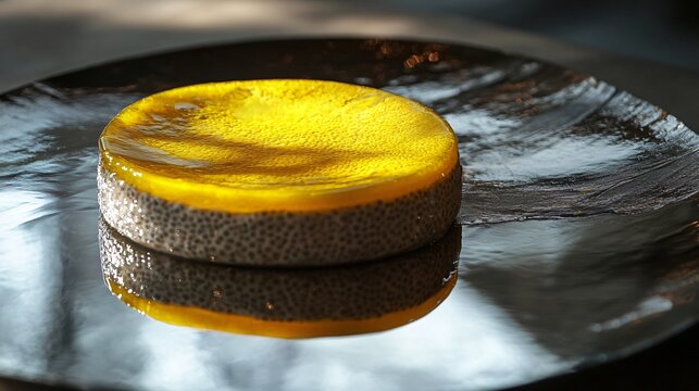 A contemporary artistic approach with honey-lemon chia pudding served on a mirrored plate, creating a striking reflection