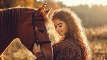 Woman and Chestnut Horse in Autumn Field