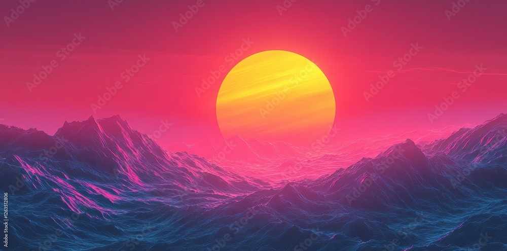 Poster digital rendering of a sun setting over a mountain range