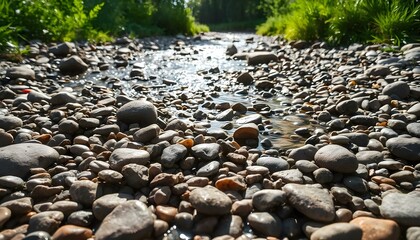 Fototapeta premium Riverbed pebbles in mixed sizes, wet and dry, with sunlight casting shadows, lush greenery around