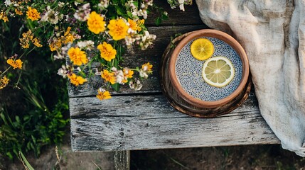 A farmhouse brunch scene where honey-lemon chia pudding is served in an earthy clay bowl, placed on a weathered wooden bench with fresh flowers nearby