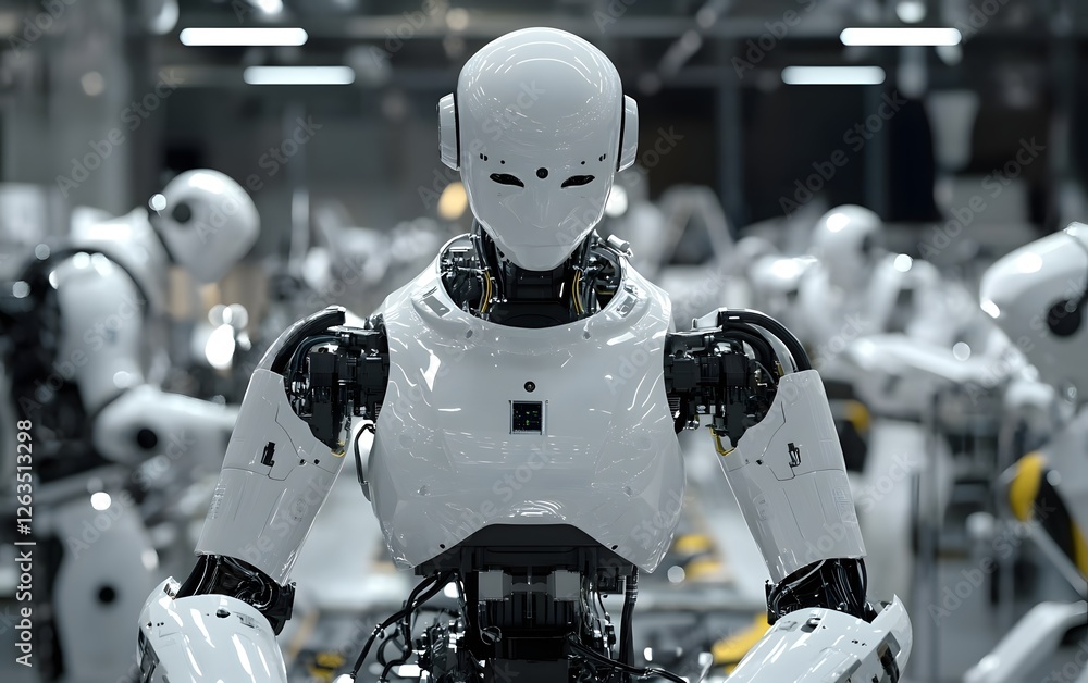 Poster a close-up view of a humanoid robot in a futuristic environment, highlighting advanced robotics and 