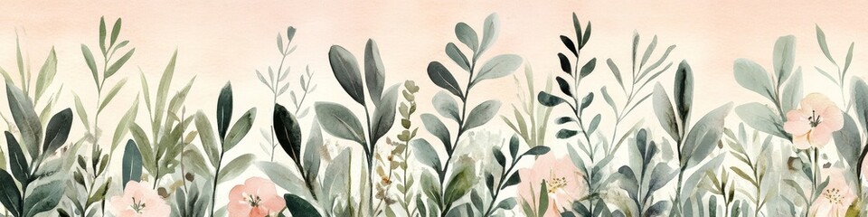 Watercolor Meadow, Delicate Floral Border, Soft Pink and Grey, Airy Design, Subtle Details