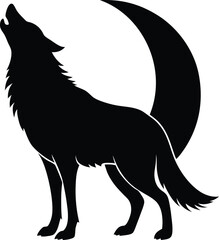 Wolf Howling with half moon on white background 