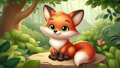Cute cartoon fox sitting on a log in a vibrant green forest setting.