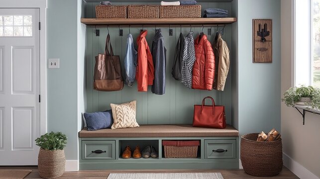 This well-designed entryway features an organized closet with hooks for coats, a cozy bench for sitting, and ample storage for shoes and bags. Perfect for keeping belongings tidy and accessible.