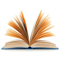 Open Book with Fanned Pages, Aged and Yellowed, Blue Cover on White