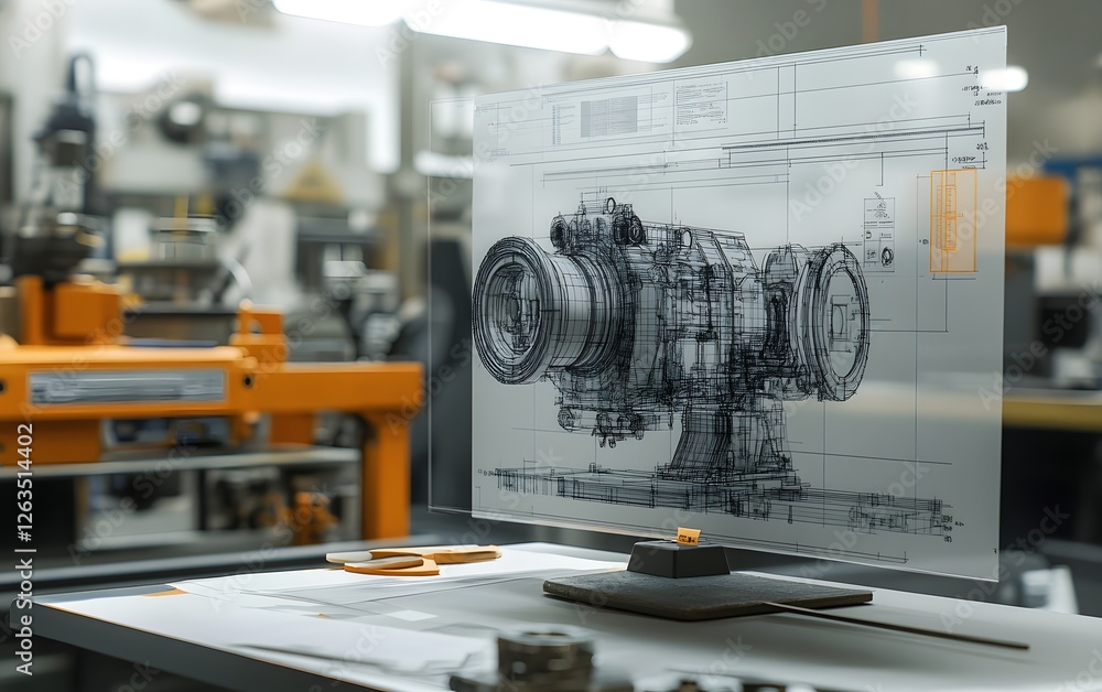 Poster a modern workspace featuring a high-tech computer with engineering drawings of machinery, showcasing