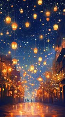Obraz premium A street illuminated by lanterns under a starry sky