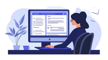 Woman working on computer, filling online form with checklist.